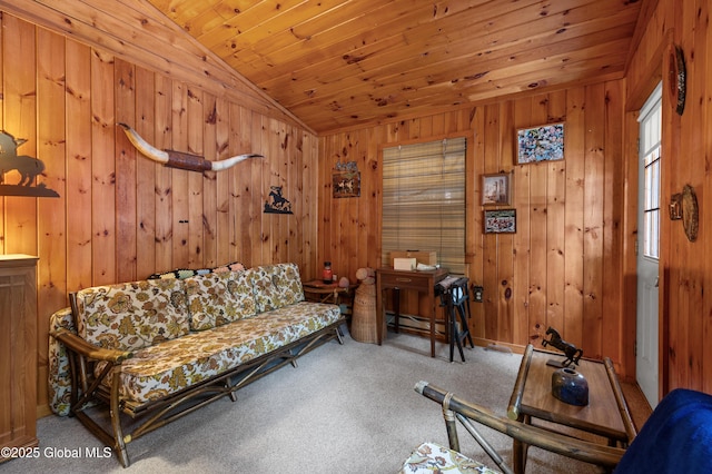 living room with wood walls, carpet floors, lofted ceiling, and wood ceiling