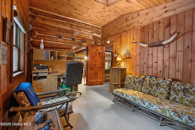 interior space featuring wooden walls, a wealth of natural light, and wooden ceiling