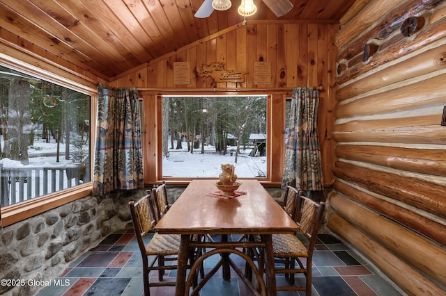 dining room featuring log walls, vaulted ceiling, ceiling fan, and wooden ceiling