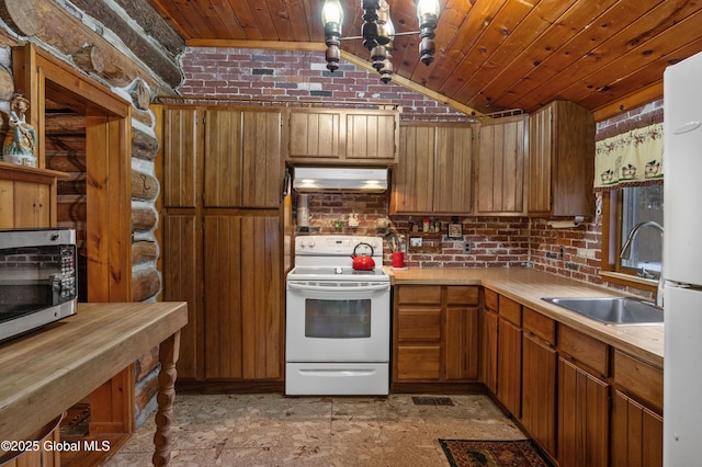 kitchen with brick wall, white appliances, sink, wooden ceiling, and range hood