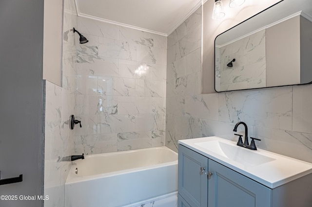 29 Lockrow Blvd, Colonie, NY 12205 - bathroom with vanity, crown molding, washtub / shower combination, tile walls, and backsplash