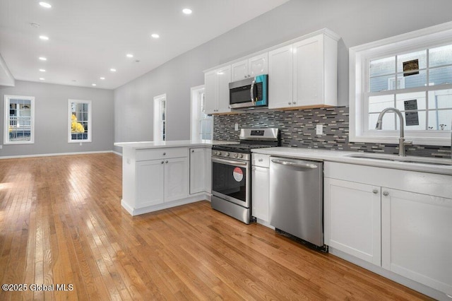 kitchen featuring white cabinets, sink, light wood-type flooring, appliances with stainless steel finishes, and kitchen peninsula