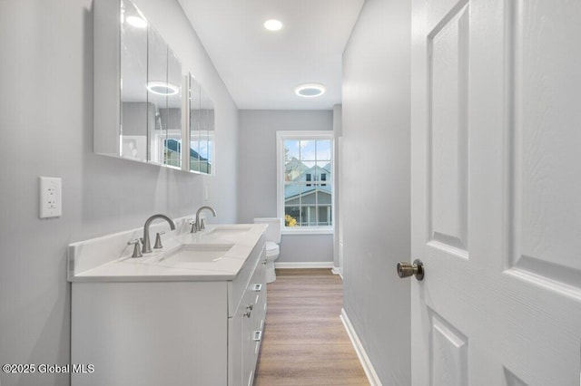 bathroom with vanity, hardwood / wood-style flooring, and toilet