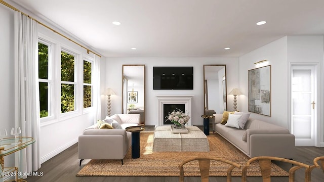 living room with dark hardwood / wood-style flooring