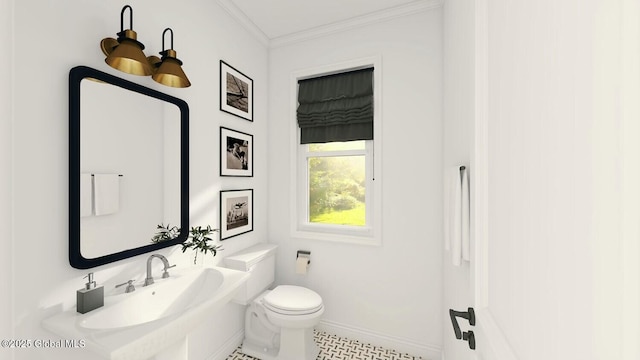 bathroom featuring toilet, sink, and crown molding