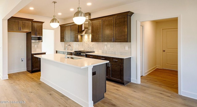 kitchen with appliances with stainless steel finishes, an island with sink, sink, backsplash, and hanging light fixtures