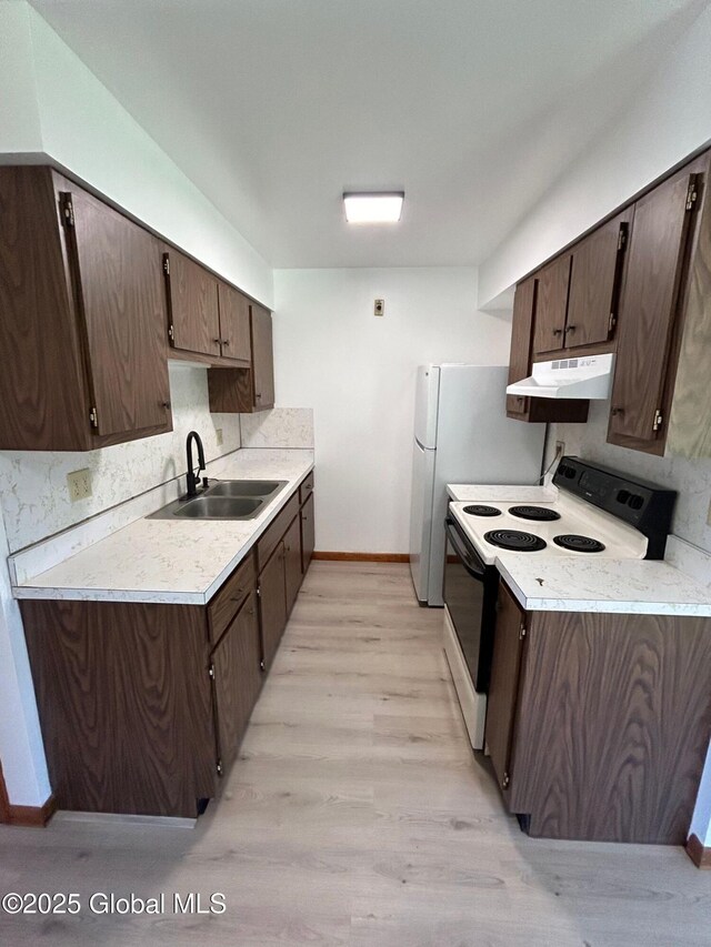 kitchen with a sink, range with electric stovetop, under cabinet range hood, and dark brown cabinetry