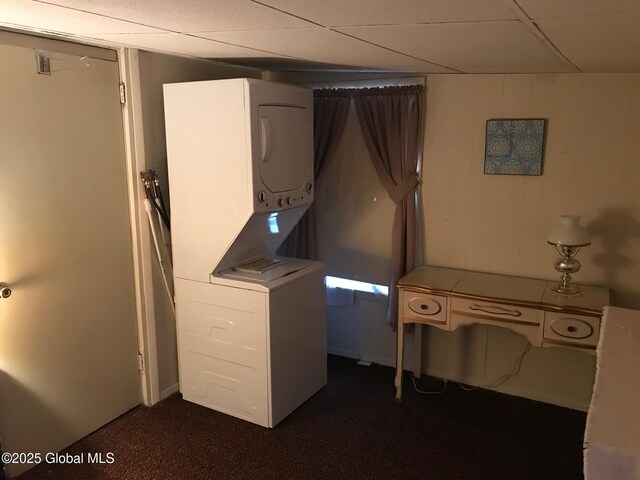 24 4th Ave, Gloversville, NY 12078 - laundry room with dark colored carpet and stacked washer and clothes dryer
