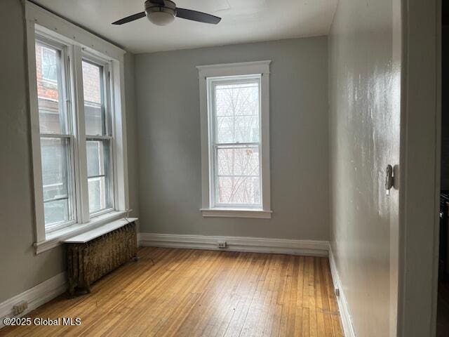 spare room with a wealth of natural light, light hardwood / wood-style flooring, ceiling fan, and radiator