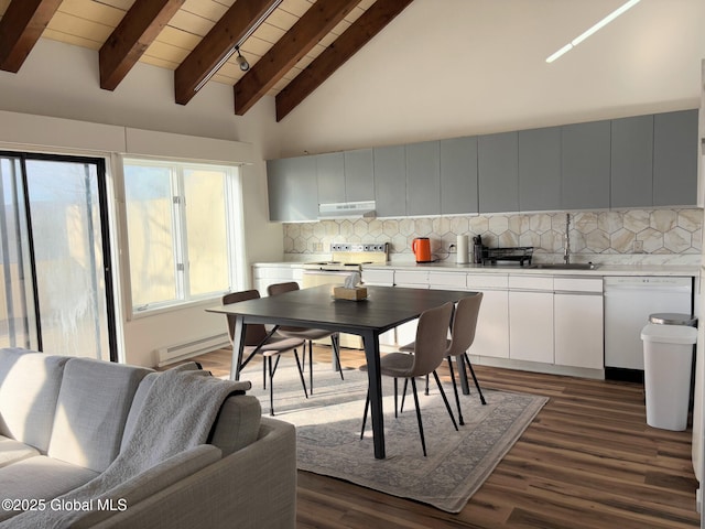 kitchen with electric range, white dishwasher, high vaulted ceiling, beam ceiling, and tasteful backsplash