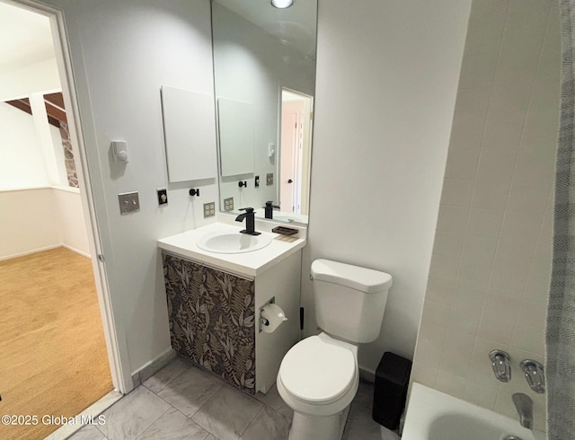 full bathroom featuring toilet,  shower combination, and vanity