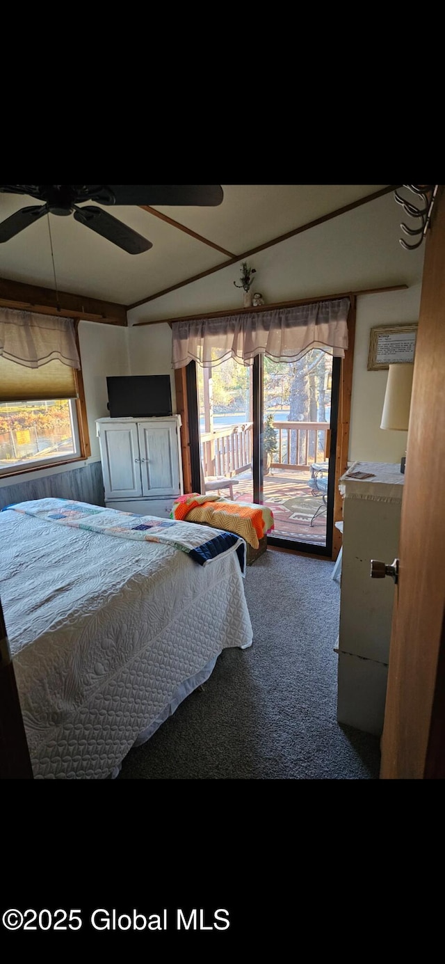 bedroom featuring ceiling fan, carpet flooring, access to outside, and multiple windows