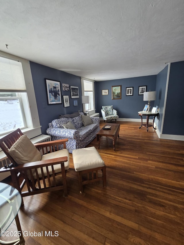 living room featuring wood-type flooring and a textured ceiling