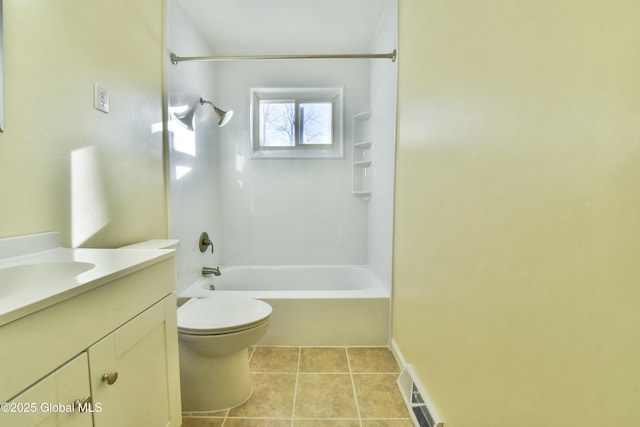 full bathroom with toilet, bathing tub / shower combination, tile patterned flooring, and vanity