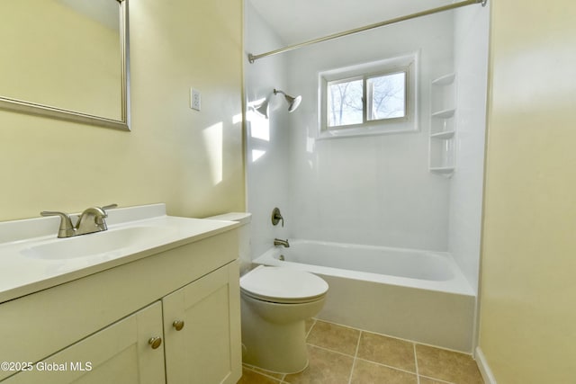 full bathroom with toilet, shower / washtub combination, tile patterned flooring, and vanity