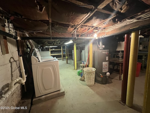 basement with washer and dryer and gas water heater