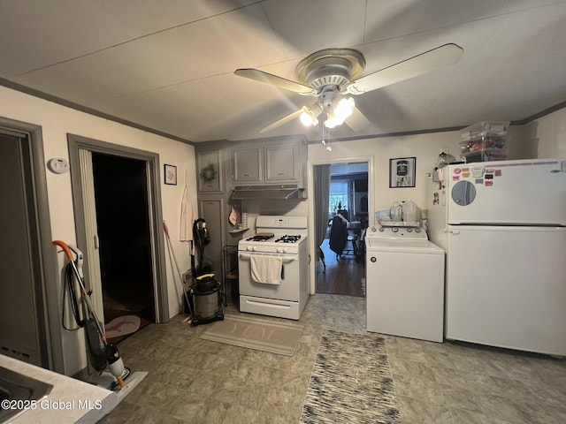 kitchen featuring ceiling fan, white appliances, ornamental molding, and washer / clothes dryer