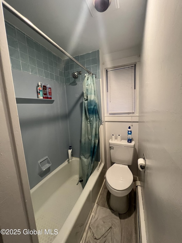 bathroom with shower / bathtub combination with curtain, a baseboard heating unit, and toilet