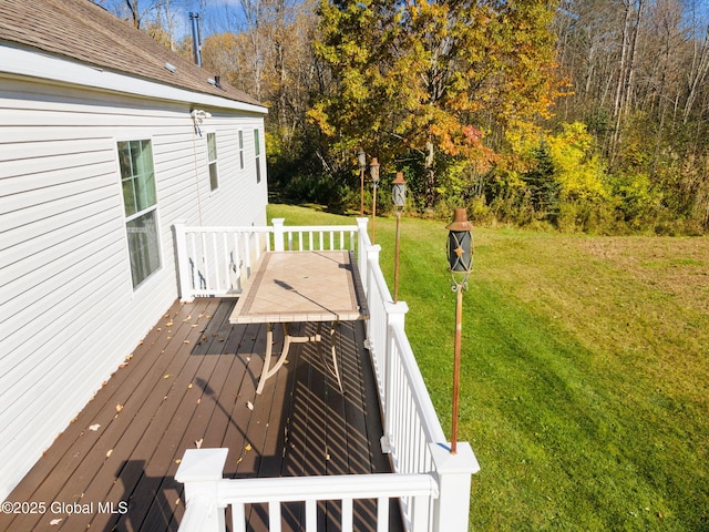 wooden deck featuring a lawn