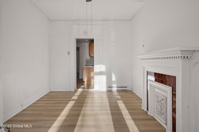 unfurnished living room with crown molding, light wood-type flooring, and a baseboard radiator