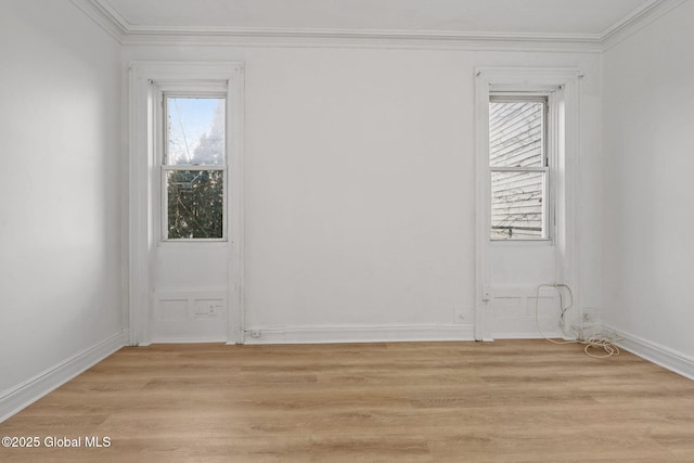 empty room featuring light wood-type flooring, crown molding, and plenty of natural light