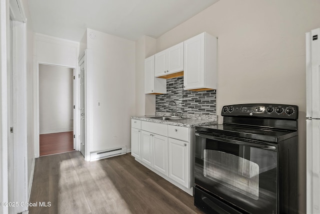 kitchen with sink, white cabinets, black range with electric stovetop, dark hardwood / wood-style flooring, and baseboard heating