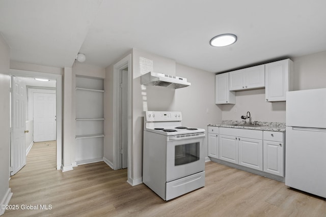 kitchen with white appliances, white cabinetry, light wood-type flooring, and sink