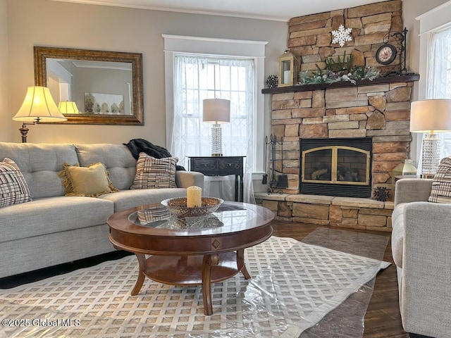 living room featuring ornamental molding, hardwood / wood-style floors, and a fireplace