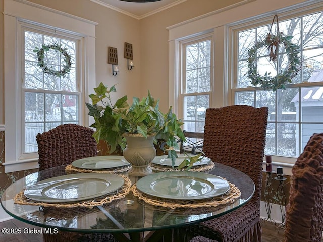 living area featuring ornamental molding and a wealth of natural light