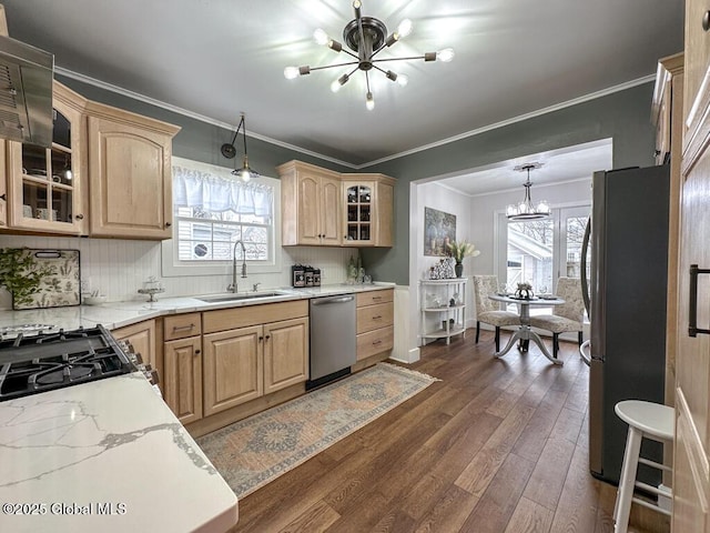 kitchen with appliances with stainless steel finishes, hanging light fixtures, a notable chandelier, dark wood-type flooring, and sink