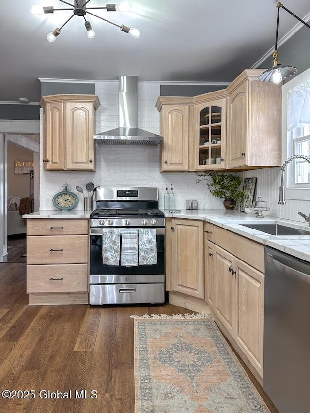 kitchen with stainless steel appliances, dark hardwood / wood-style floors, decorative backsplash, sink, and wall chimney exhaust hood