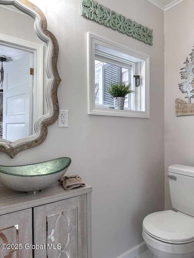 bathroom featuring toilet, vanity, and ornamental molding