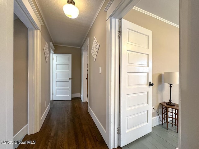 hallway with dark wood-type flooring and crown molding