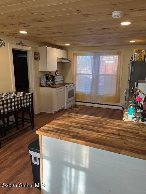 kitchen featuring white cabinets, butcher block counters, electric stove, and wooden ceiling