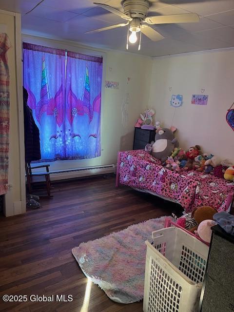 bedroom featuring ceiling fan and dark wood-type flooring