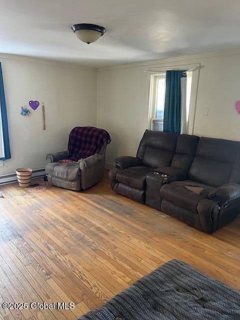 living room with hardwood / wood-style flooring and crown molding