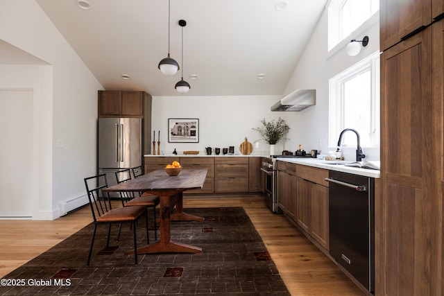 kitchen with sink, high quality appliances, a wealth of natural light, and pendant lighting