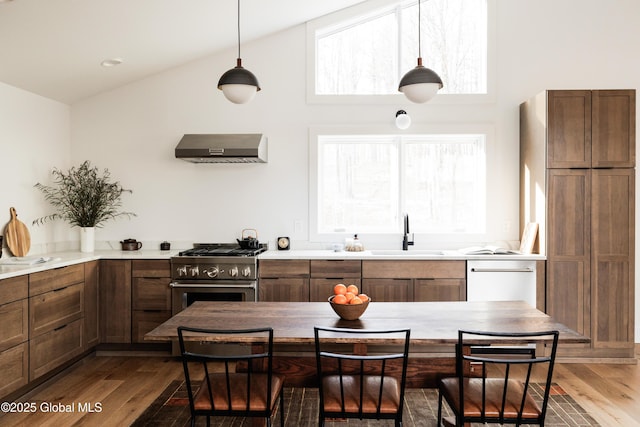 kitchen featuring sink, wall chimney exhaust hood, hardwood / wood-style flooring, high vaulted ceiling, and appliances with stainless steel finishes