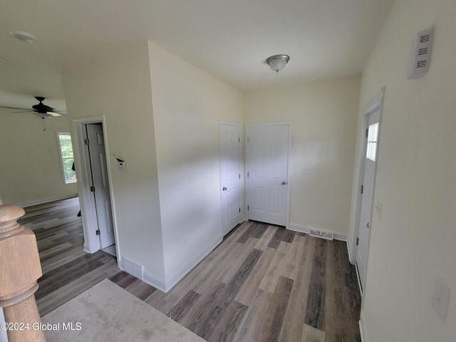 entryway featuring hardwood / wood-style flooring, ceiling fan, and a healthy amount of sunlight