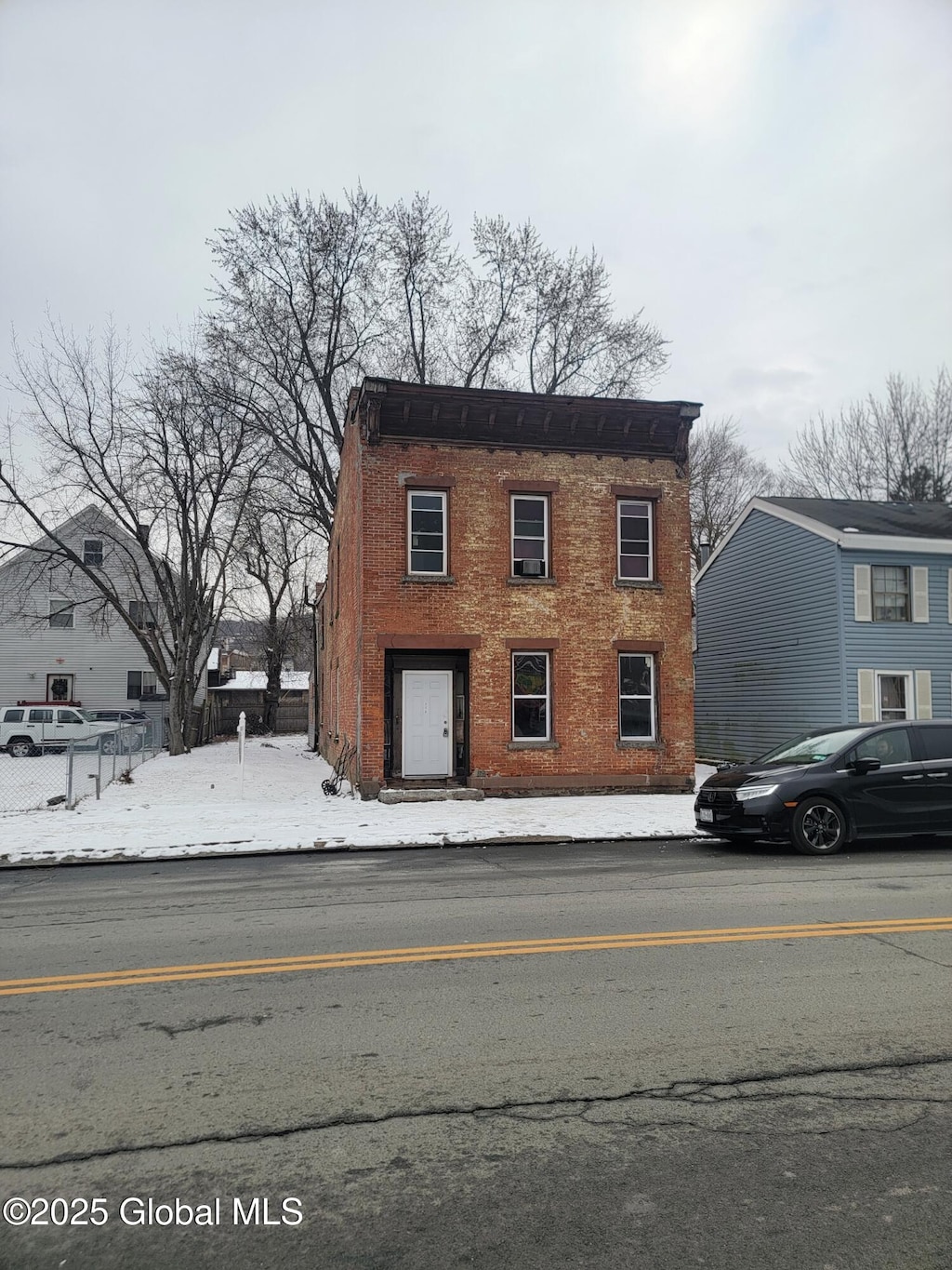 view of snow covered building