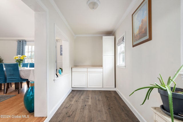 hallway featuring baseboards, wood finished floors, and ornamental molding