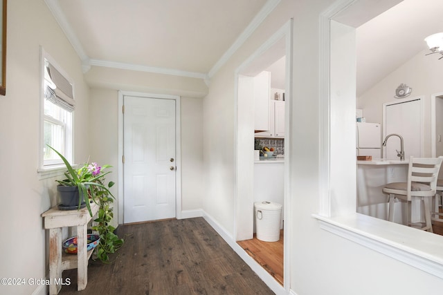 entryway featuring baseboards, ornamental molding, and dark wood-style flooring