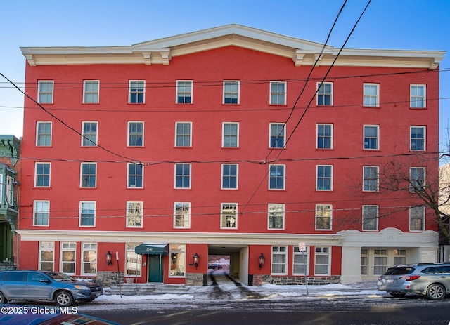 view of snow covered building