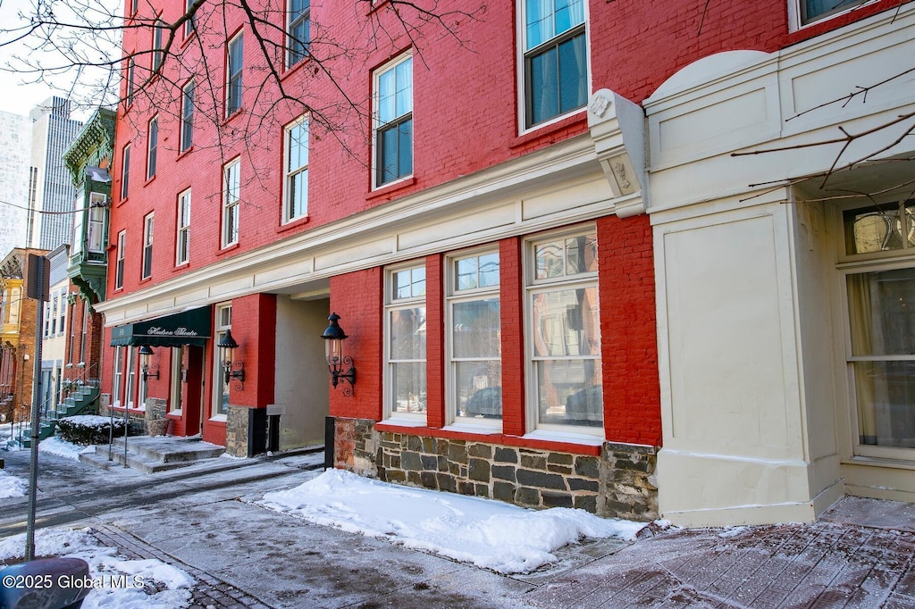 view of snow covered building