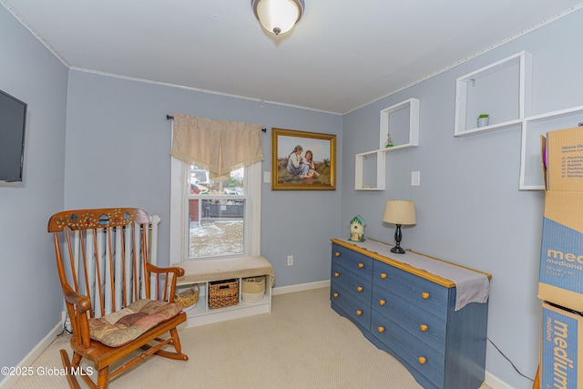 sitting room featuring light carpet