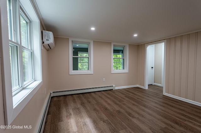 13 Camel Hill Rd, Brunswick, NY 12180 - unfurnished room with a wall mounted air conditioner, dark wood-type flooring, a baseboard radiator, baseboards, and recessed lighting