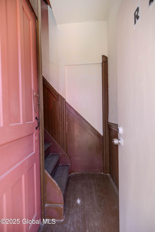 stairs featuring wood walls