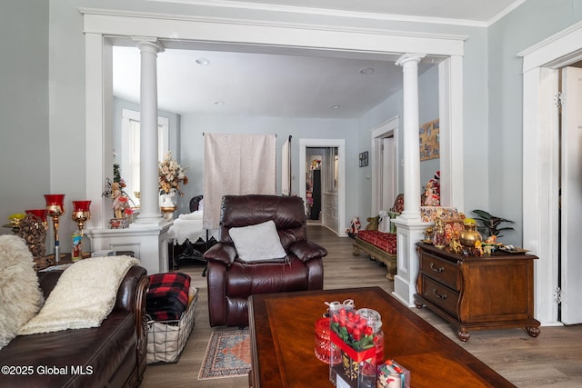 living room featuring decorative columns, ornamental molding, and light hardwood / wood-style floors