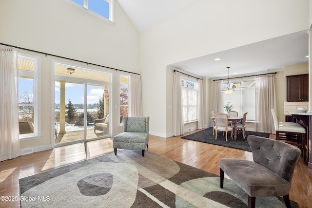 living room with a high ceiling, light hardwood / wood-style flooring, and a healthy amount of sunlight