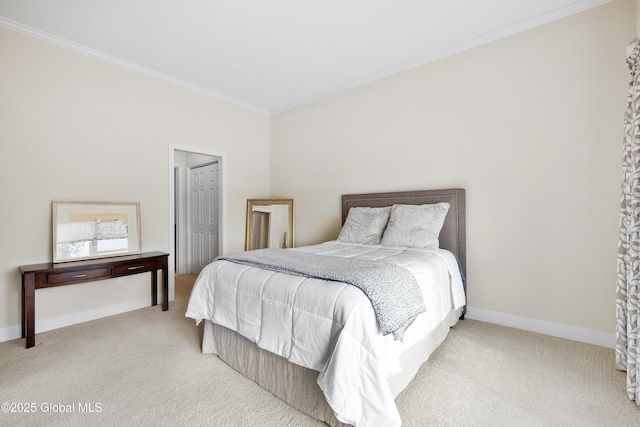 bedroom with a closet, crown molding, and light colored carpet